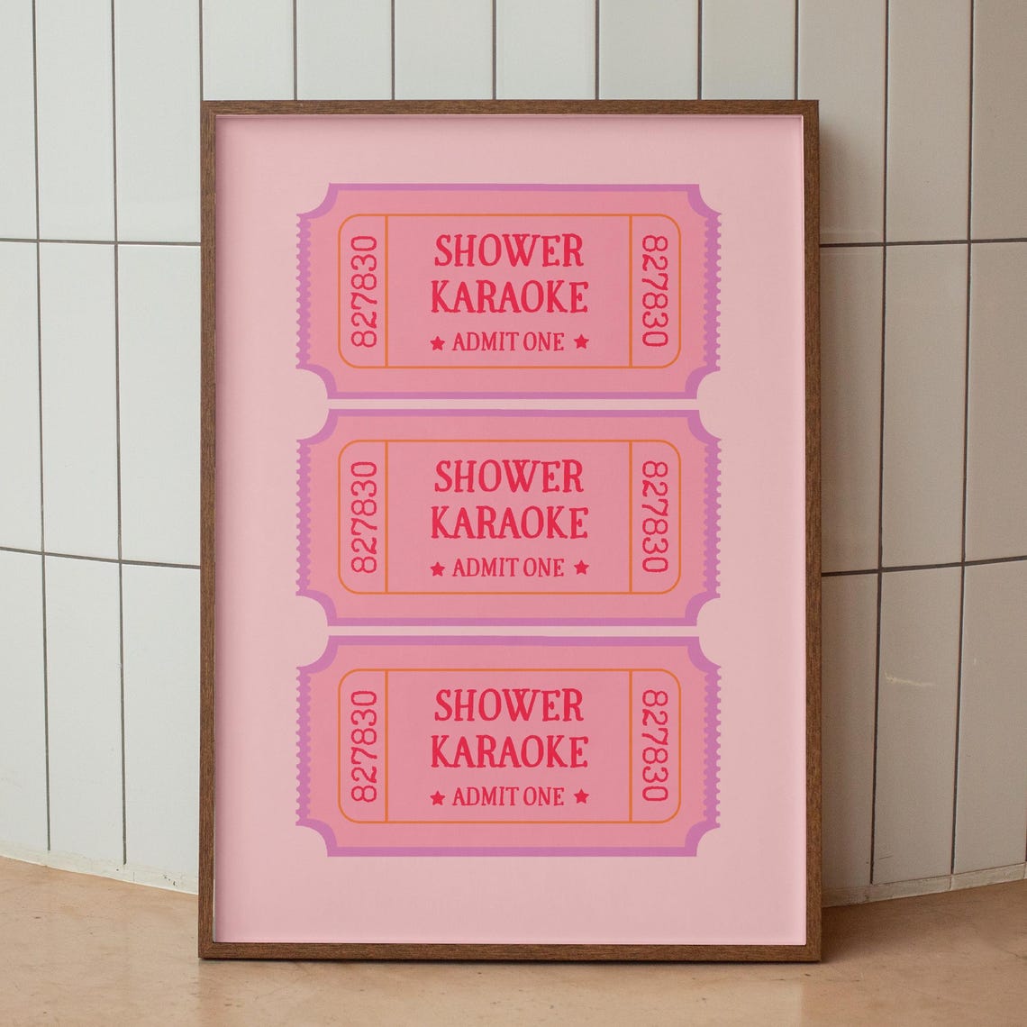 Shower Karaoke Admit One Pink Purple Ticket Trio Bathroom Poster