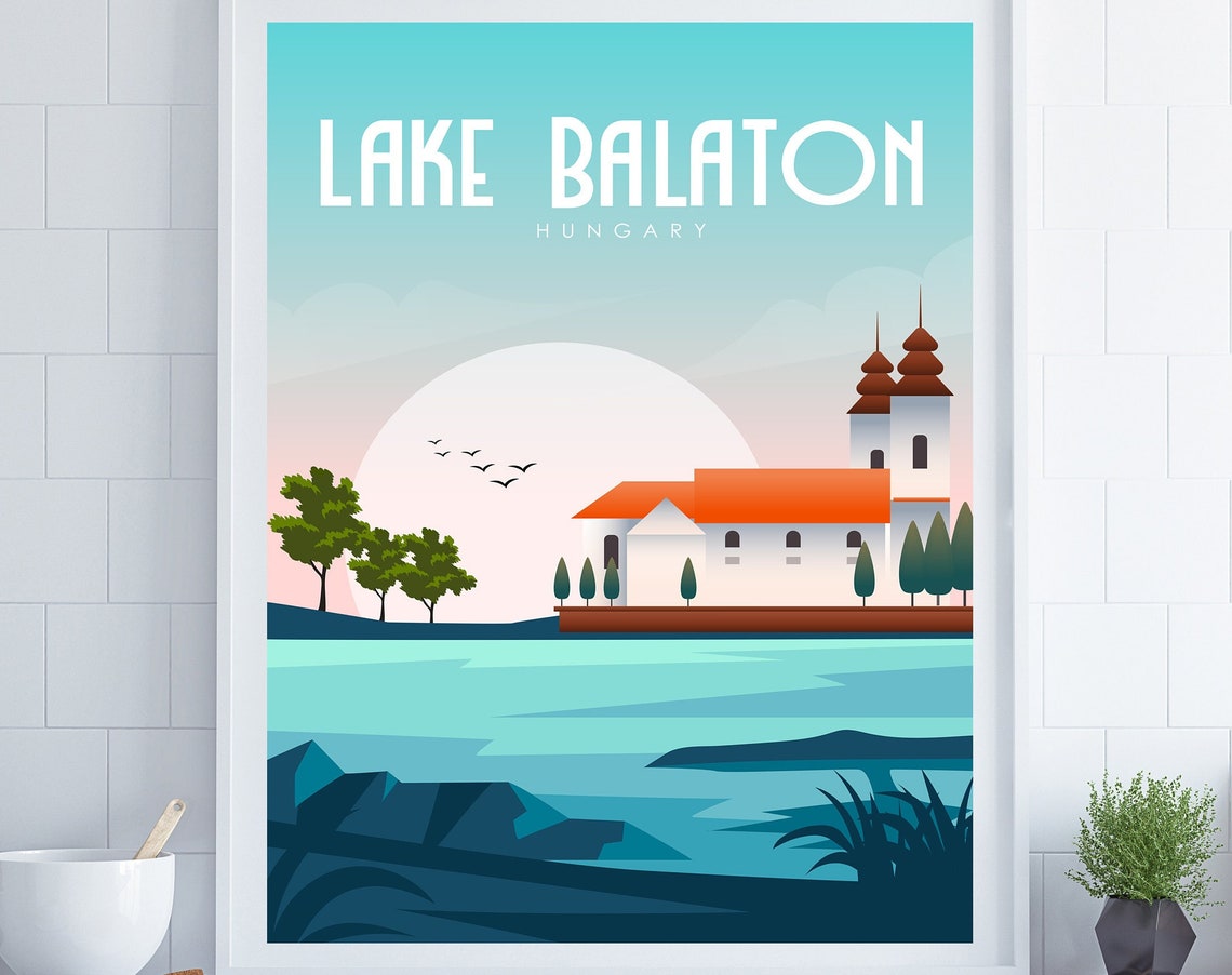 Lake Balaton Hungary Abbey Lakeshore Sunset Retro Travel Poster