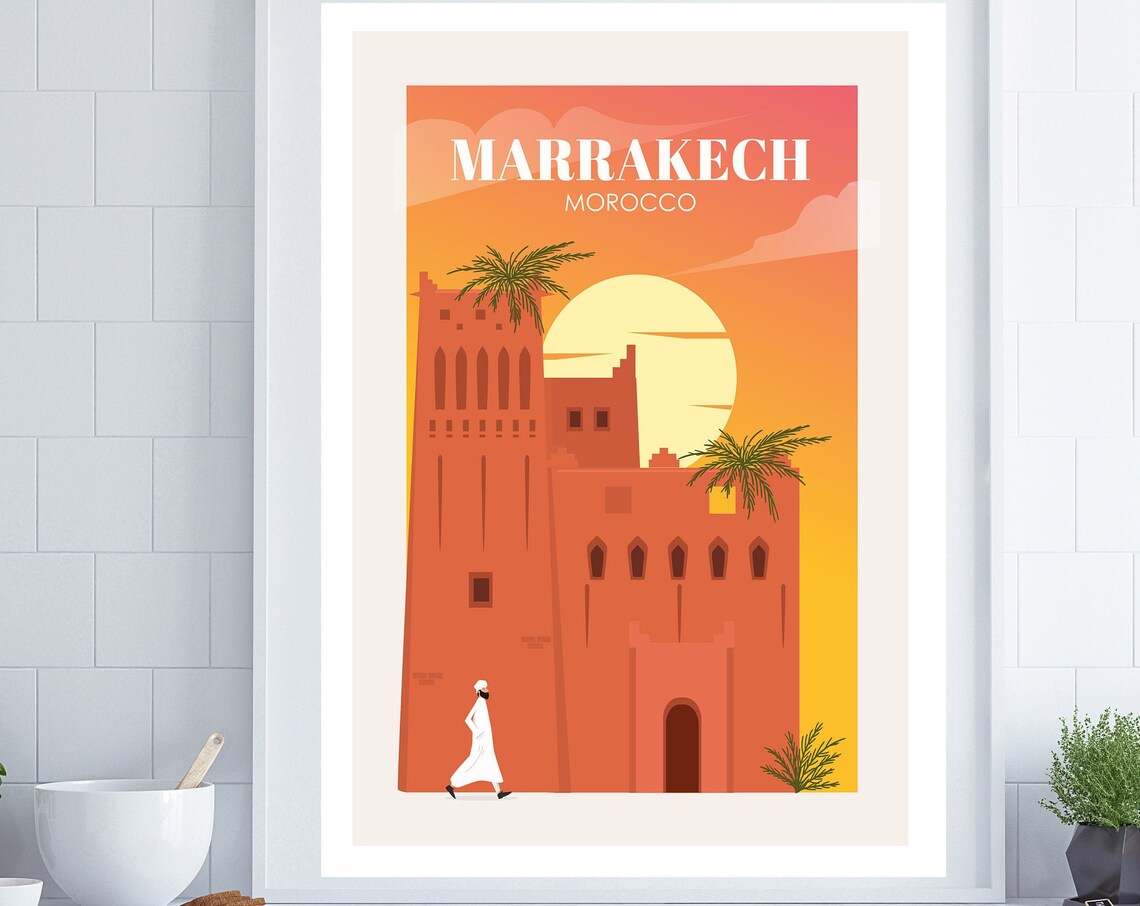 Marrakech Retro Travel Poster, Morocco City Poster