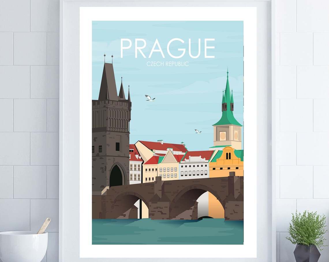 Prague Retro Travel Poster, Travel Wall Art