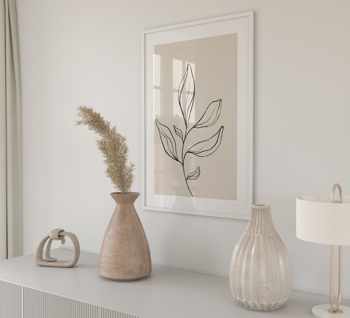 Neutral Botanical Line Art Leaf Branch Beige Minimalist Poster - Image 2