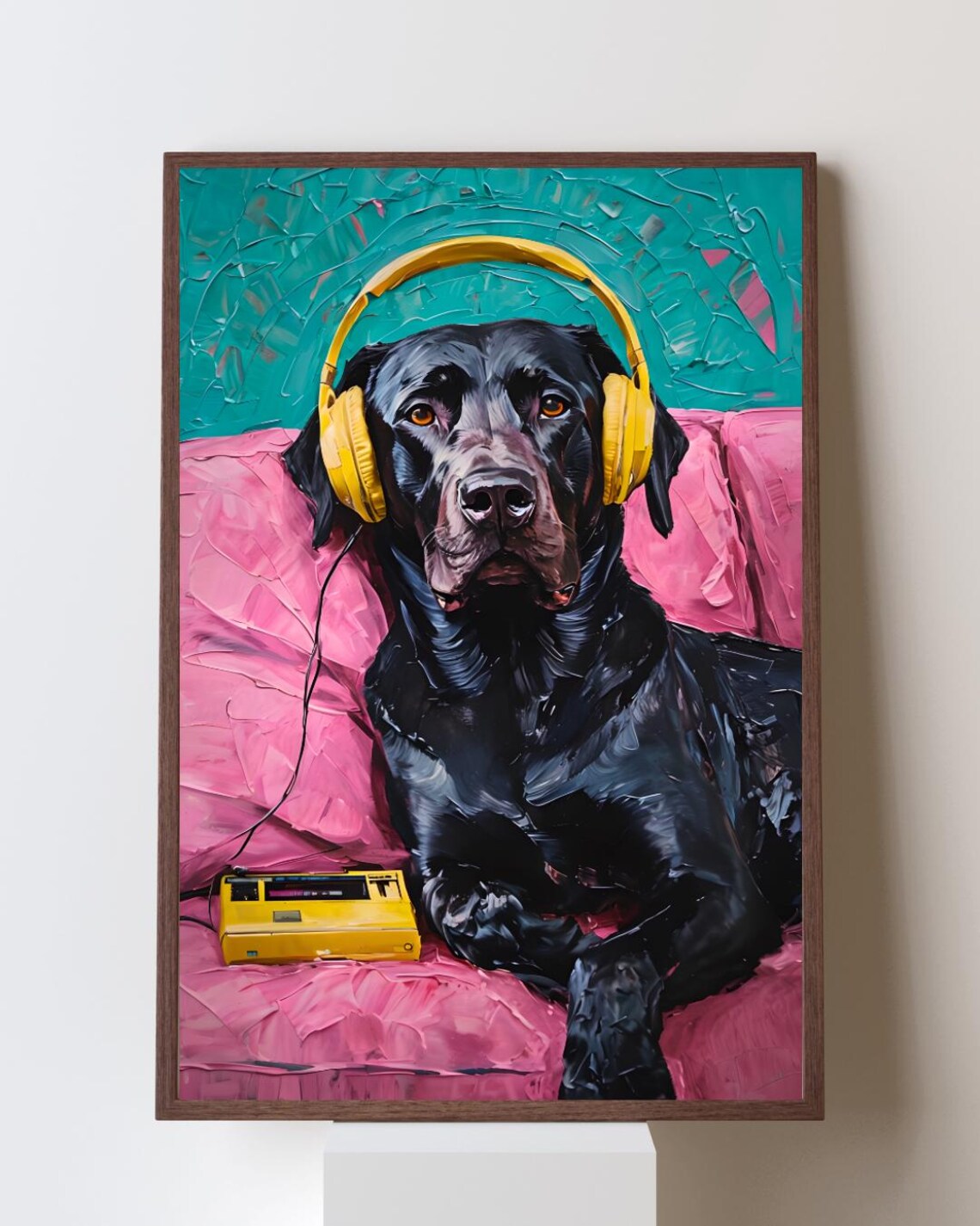 Black Labrador With Headphones Retro Music Funny Dog Art Poster