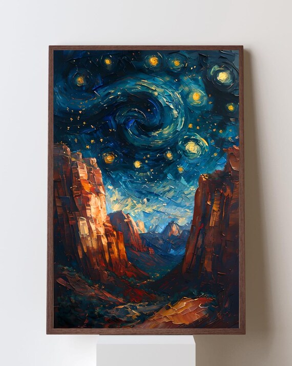 Zion Canyon Walls under a Swirling Starry Night Sky Art Poster