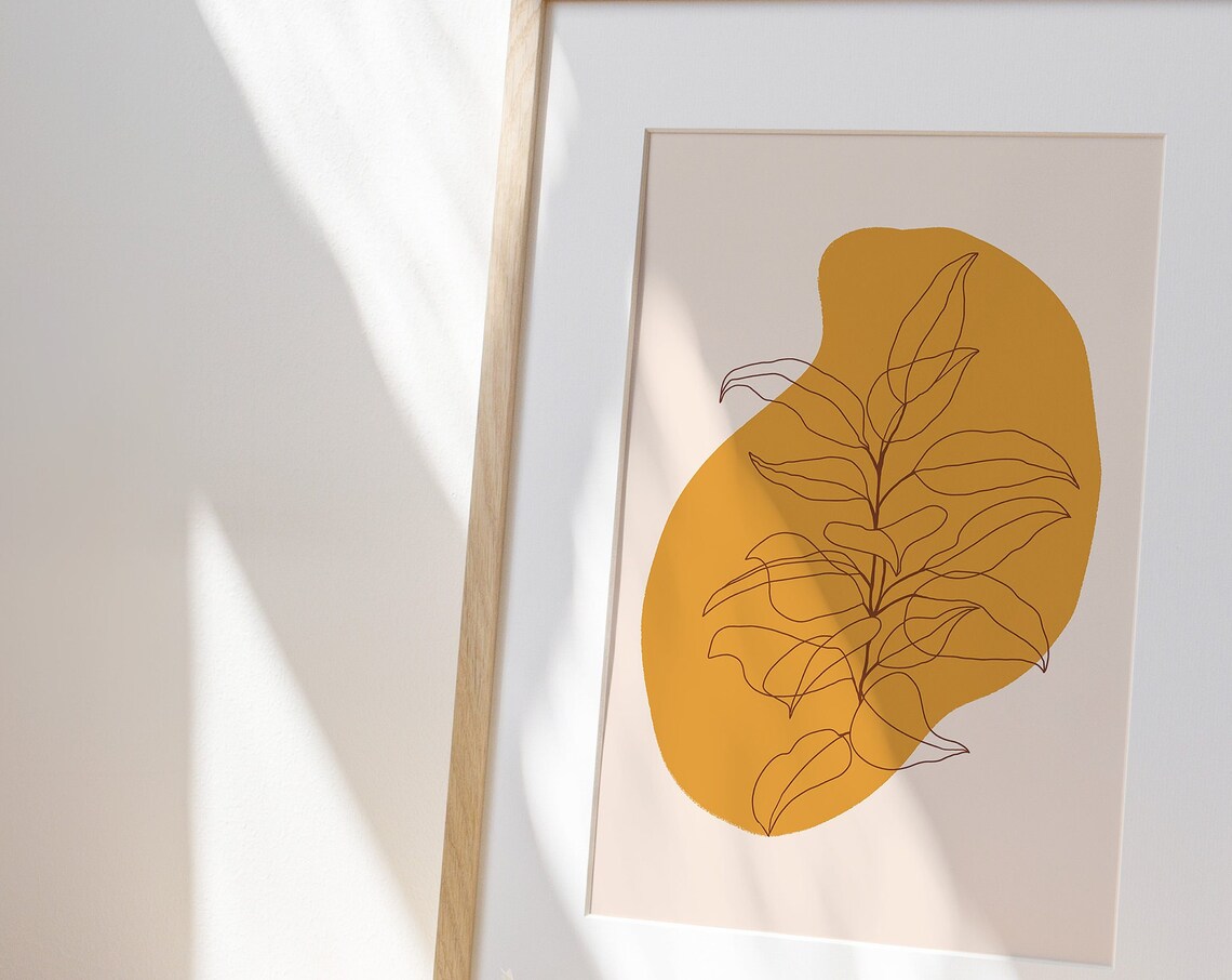 Bold Mustard Ochre Blob With Leaf Line Art Boho Botanical Poster - Image 3