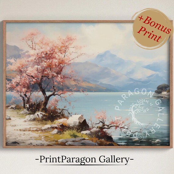 Cherry Blossom Tree by the Lake Spring Mountains Scenery Poster