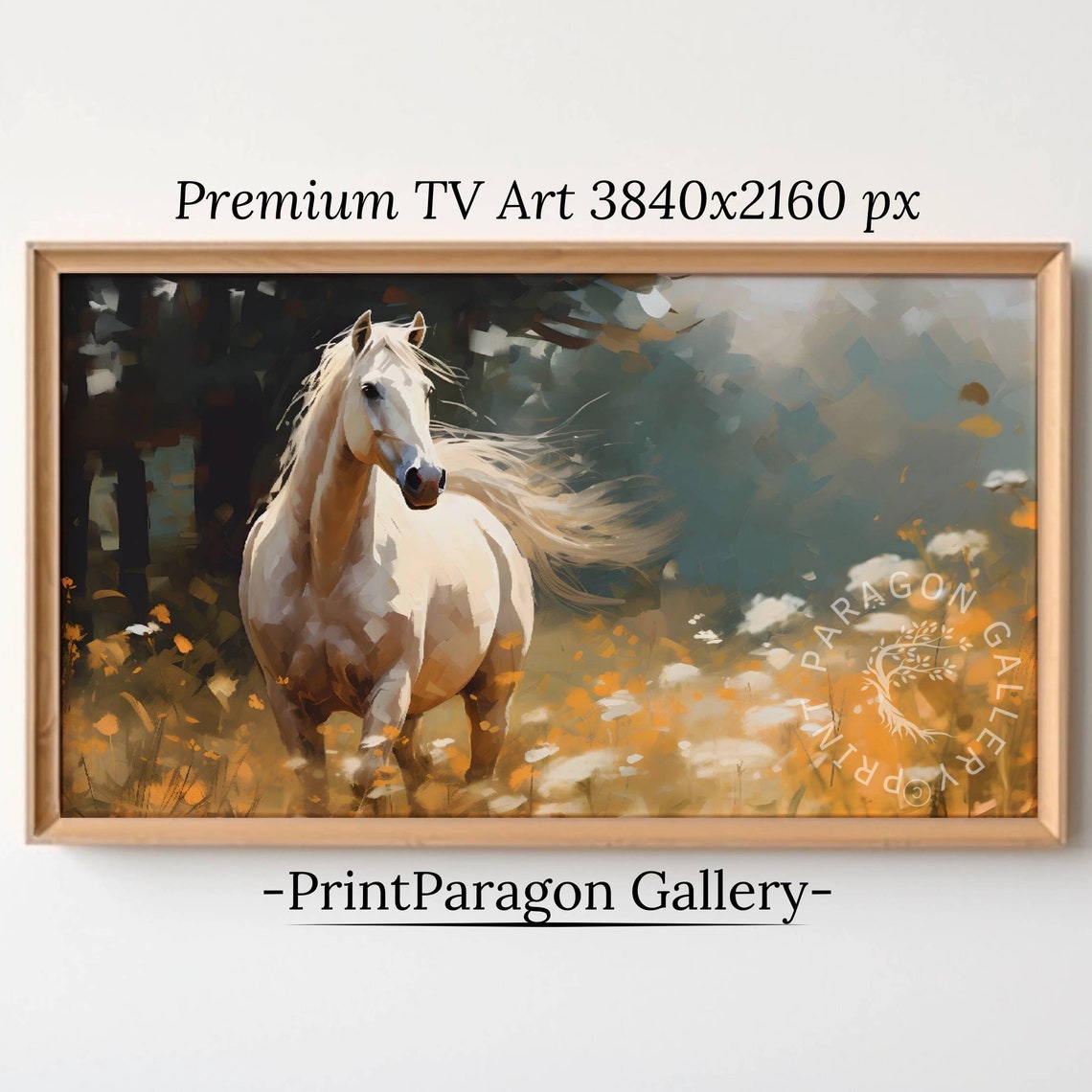 White Horse Standing Autumn Wildflower Meadow Equine Portrait Poster