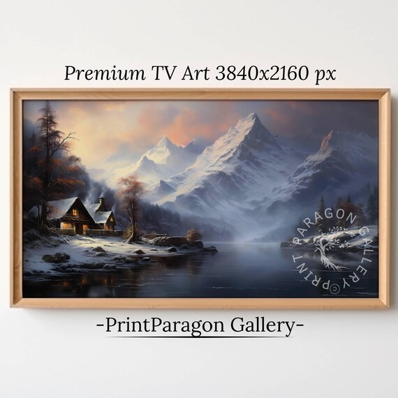 Snowy Mountain Cabin by a Still Lake at Dusk Winter Landscape Poster