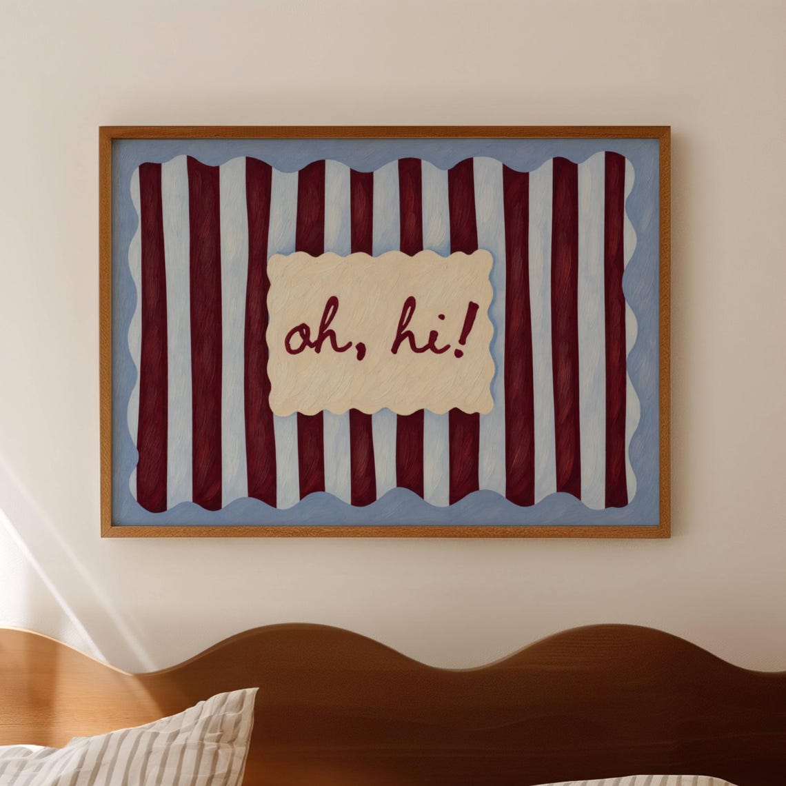 Oh Hi Script Quote on Burgundy Striped Scallop Retro Art Print