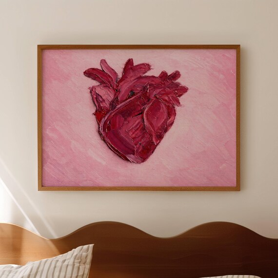 Pink Anatomical Heart Impasto Textured Oil Painting Bold Art Poster
