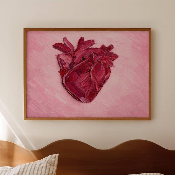 Pink Anatomical Heart Impasto Textured Oil Painting Print Horizontal Above Bed Wallart Handdrawn Modern Minimal Romantic Valentines Poster