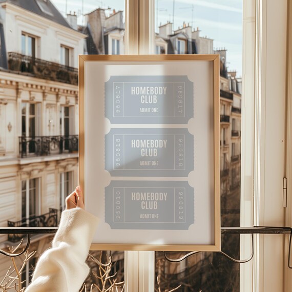 Homebody Club Admit One Blue Retro Ticket Poster for Home Decor