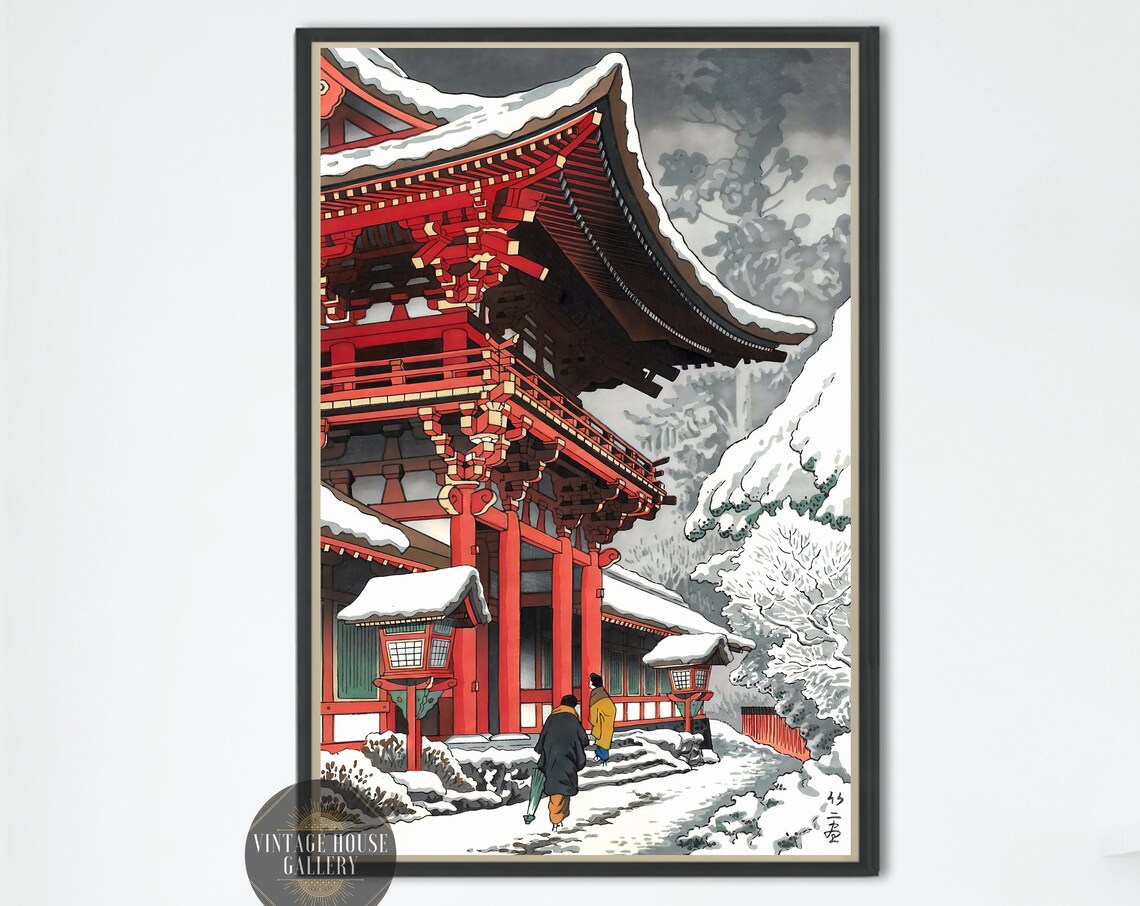 Snow at Kamigamo Shrine Asano Takeji Winter Temple Woodblock Poster