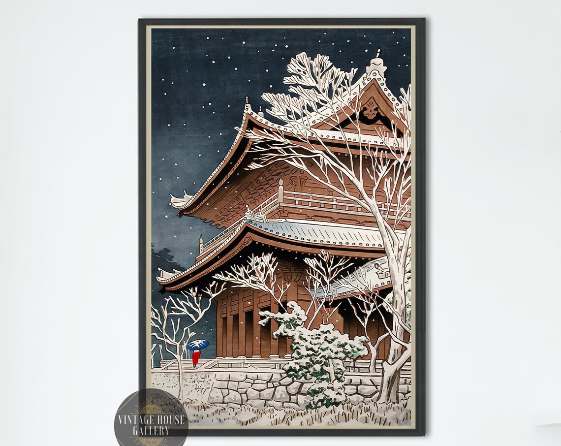Snow at Chioin Temple Asano Takeji Night Snowfall Woodblock Poster