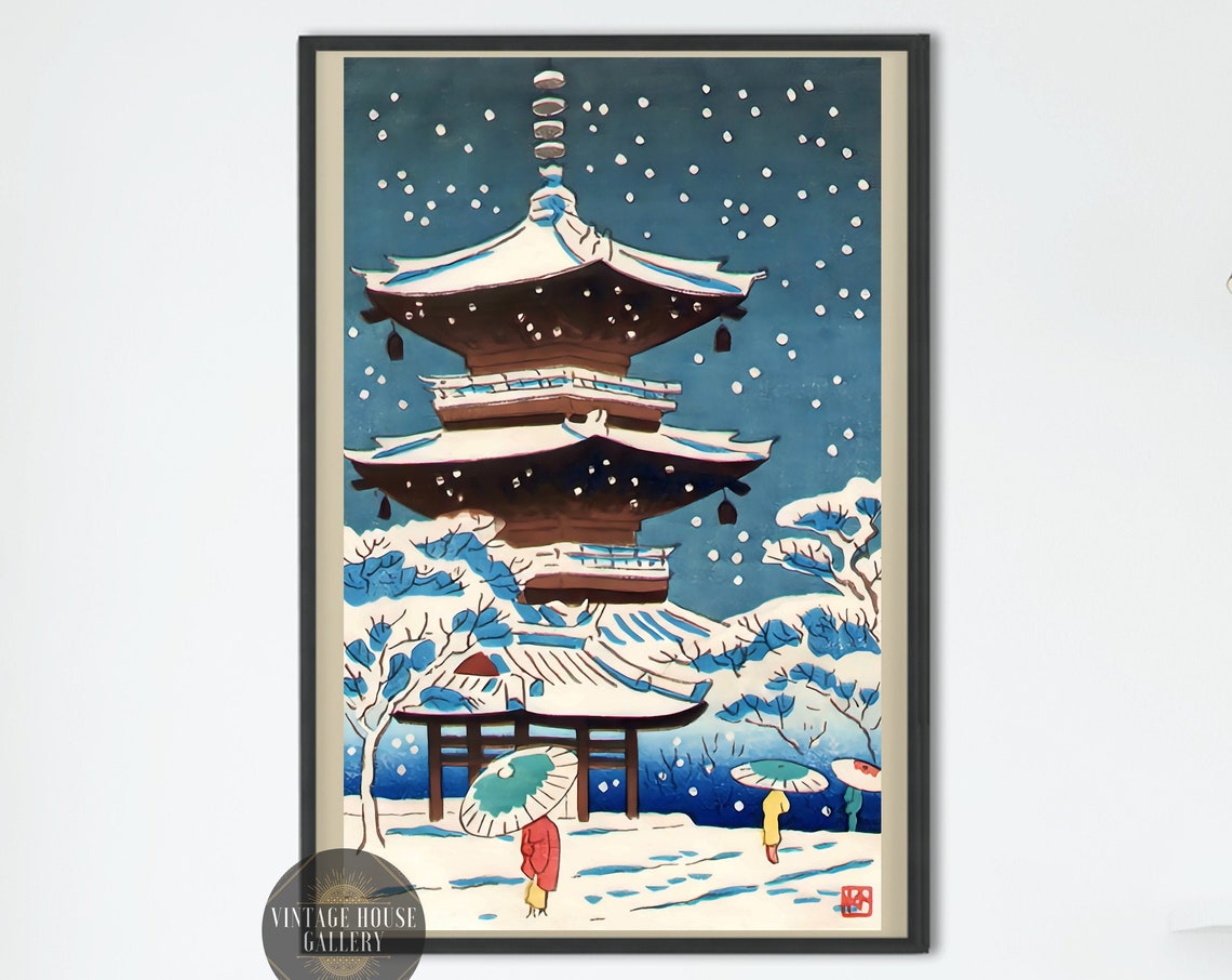 Pagoda in Snow Fujishima Takeji Night Umbrella Woodblock Poster