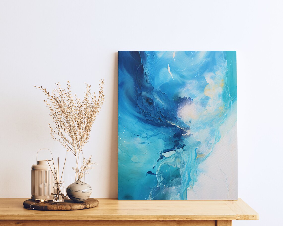 Abstract Blue Acrylic Painting, Textured Mixed Media