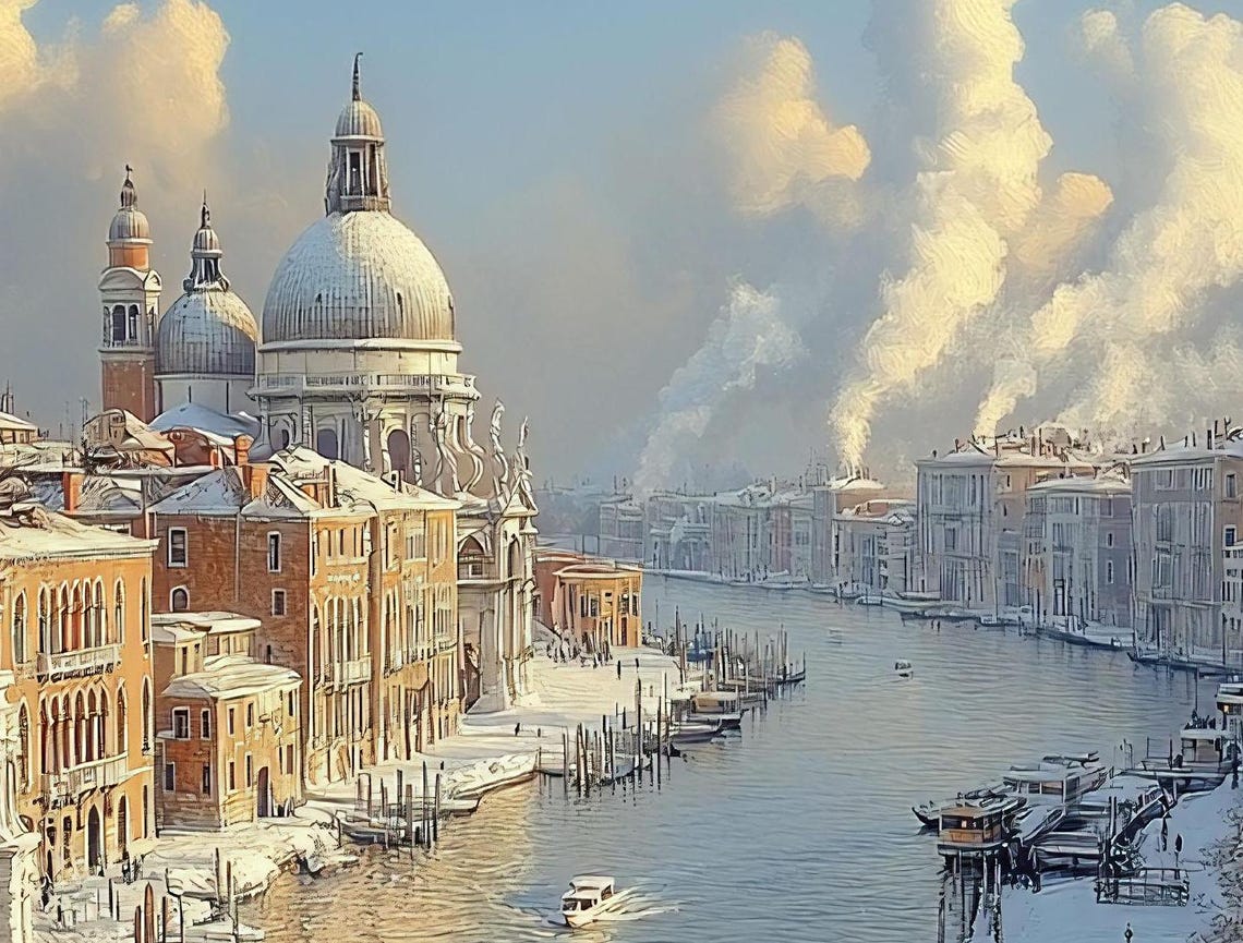 Oil Painting Of Venice Canal Winter Snow Scene Romantic Italian Cityscape Grand Canal Vista Wall Art - Image 3