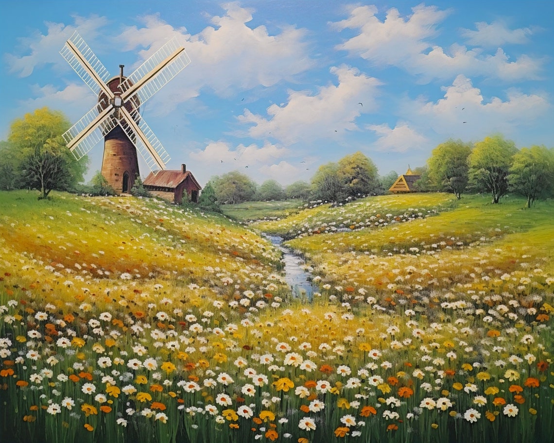 Windmill Daisy Meadow Stream Classic Countryside Scene Poster - Image 3