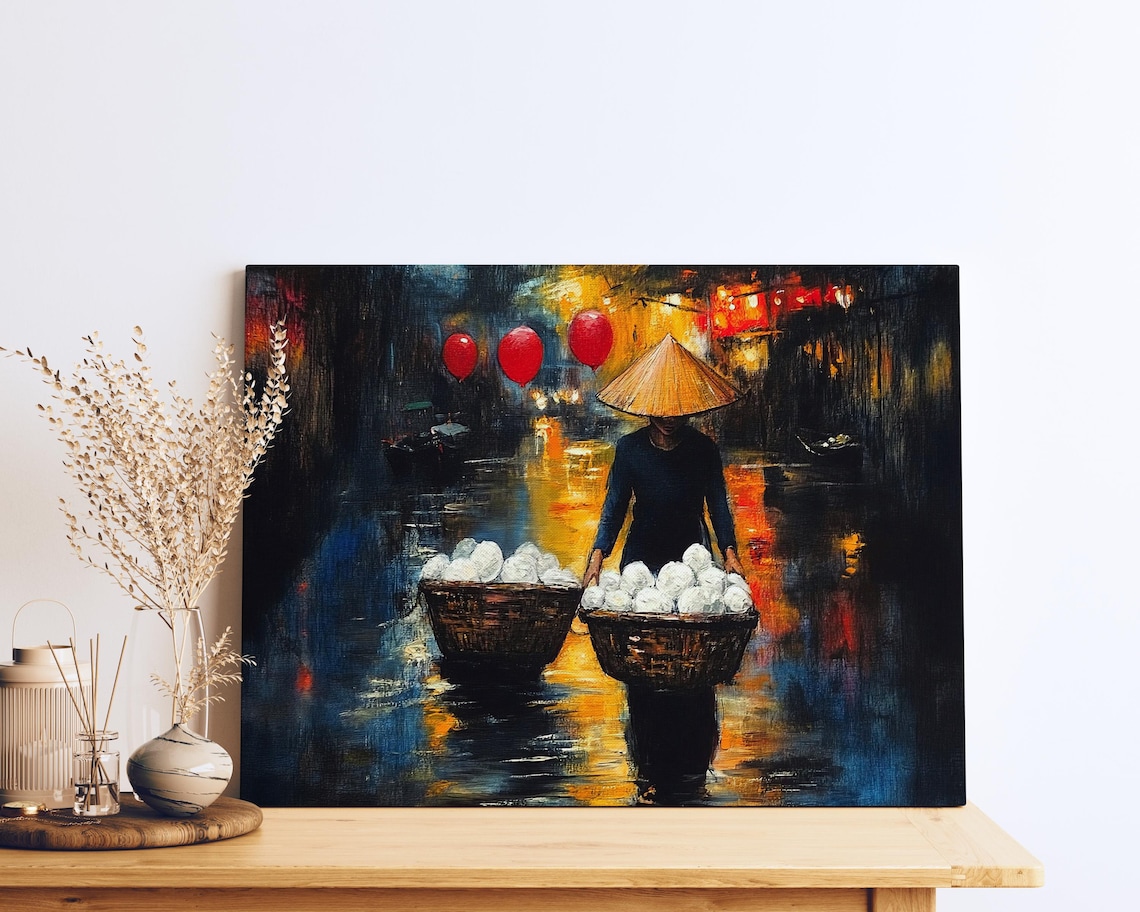 Vietnamese Street Vendor Night Lanterns Hanoi Oil Painting Poster