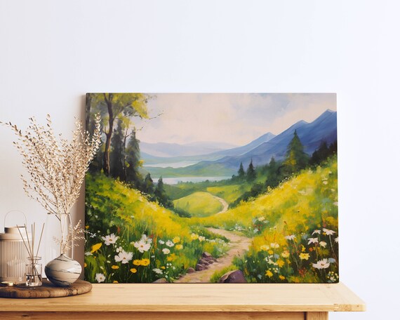 Serene Trail Blooms Danube School Inspired Acrylic Painting Lush Landscapes Misty Mountains