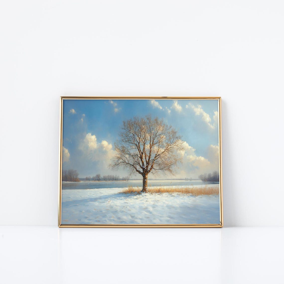 Solitary Tree Winter Lakeside Serene Snow Blue Sky Art Poster