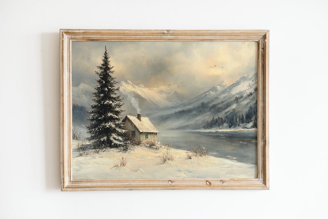 Peaceful Lakeside Cabin Winter Mountain Solitude Snow Pine Poster - Image 2