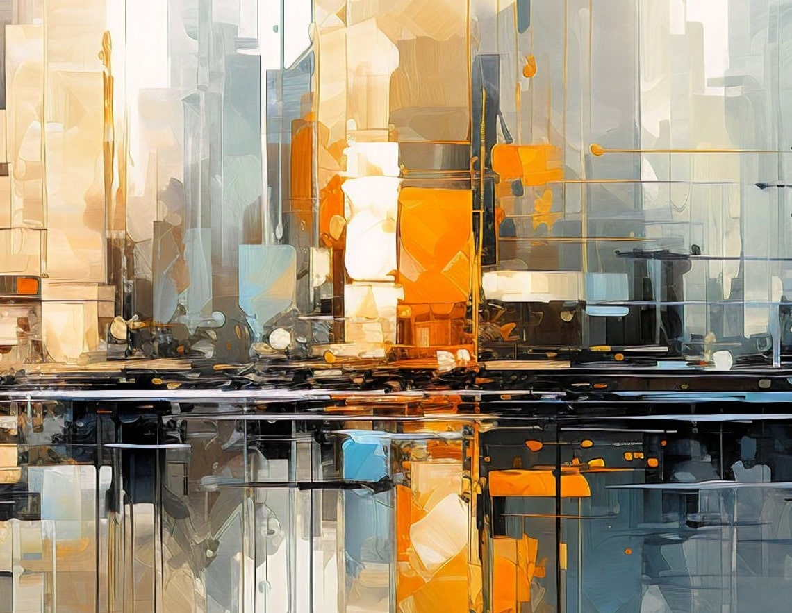 Abstract City Reflection Painting Gray Blue Orange Water Poster - Image 3