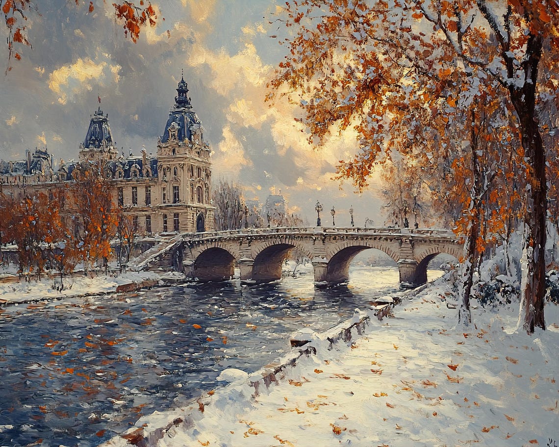 Paris Palace Winter Bridge Snowy Riverbank Impressionist Poster - Image 2