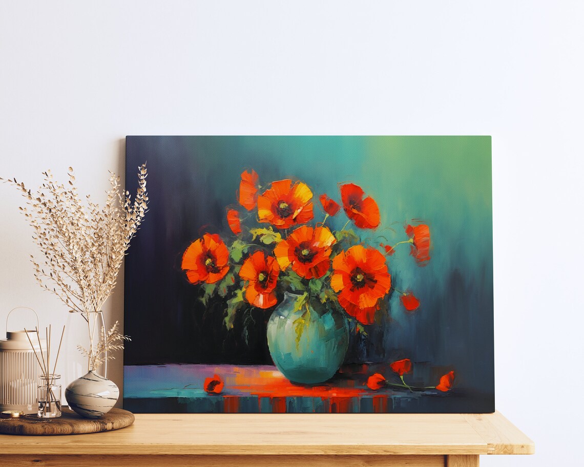 Red Poppy Bouquet In Blue Vase Moody Still Life Oil Painting Poster