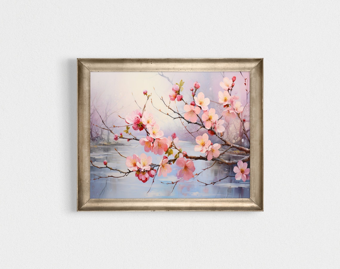 Pink Flowering Branch Over Calm Water Delicate Spring Art Poster - Image 2