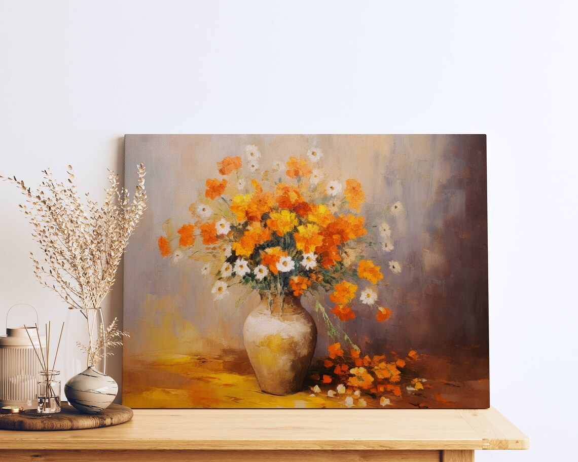 Nostalgic Impressionism Orange Flowers in Old Vase