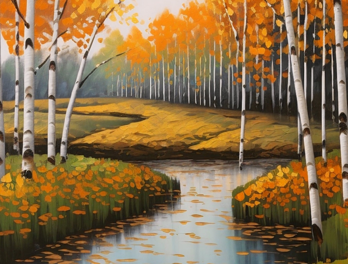 Autumn Birch Forest Stream Orange Foliage Scenic Landscape Poster - Image 2