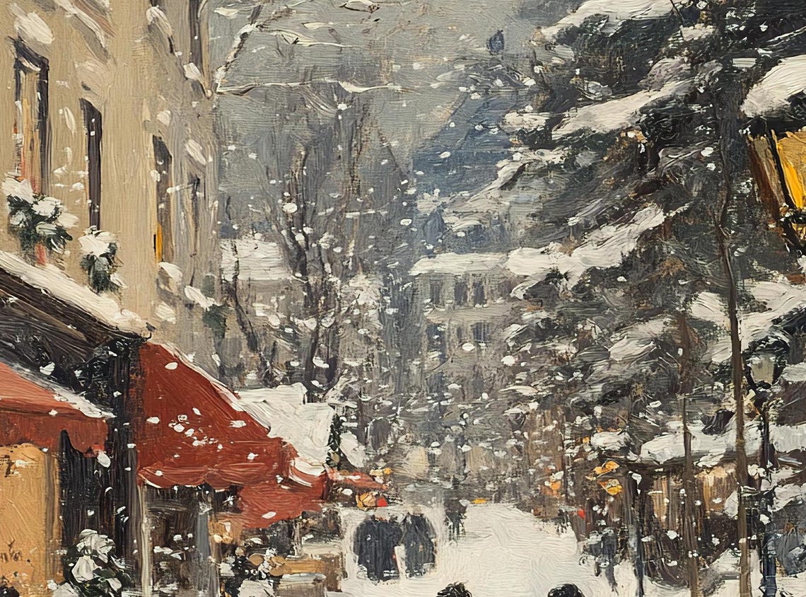 Snowy Parisian Street Winter Shops Lamppost Vintage Oil Poster - Image 3