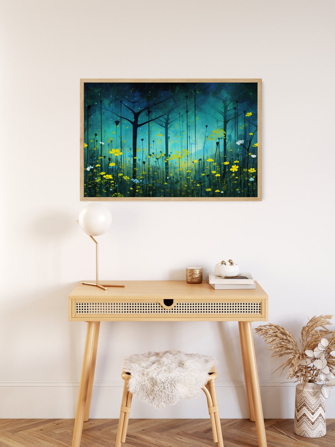 Enchanted Night Forest Yellow Wildflowers Starry Teal Poster - Image 2