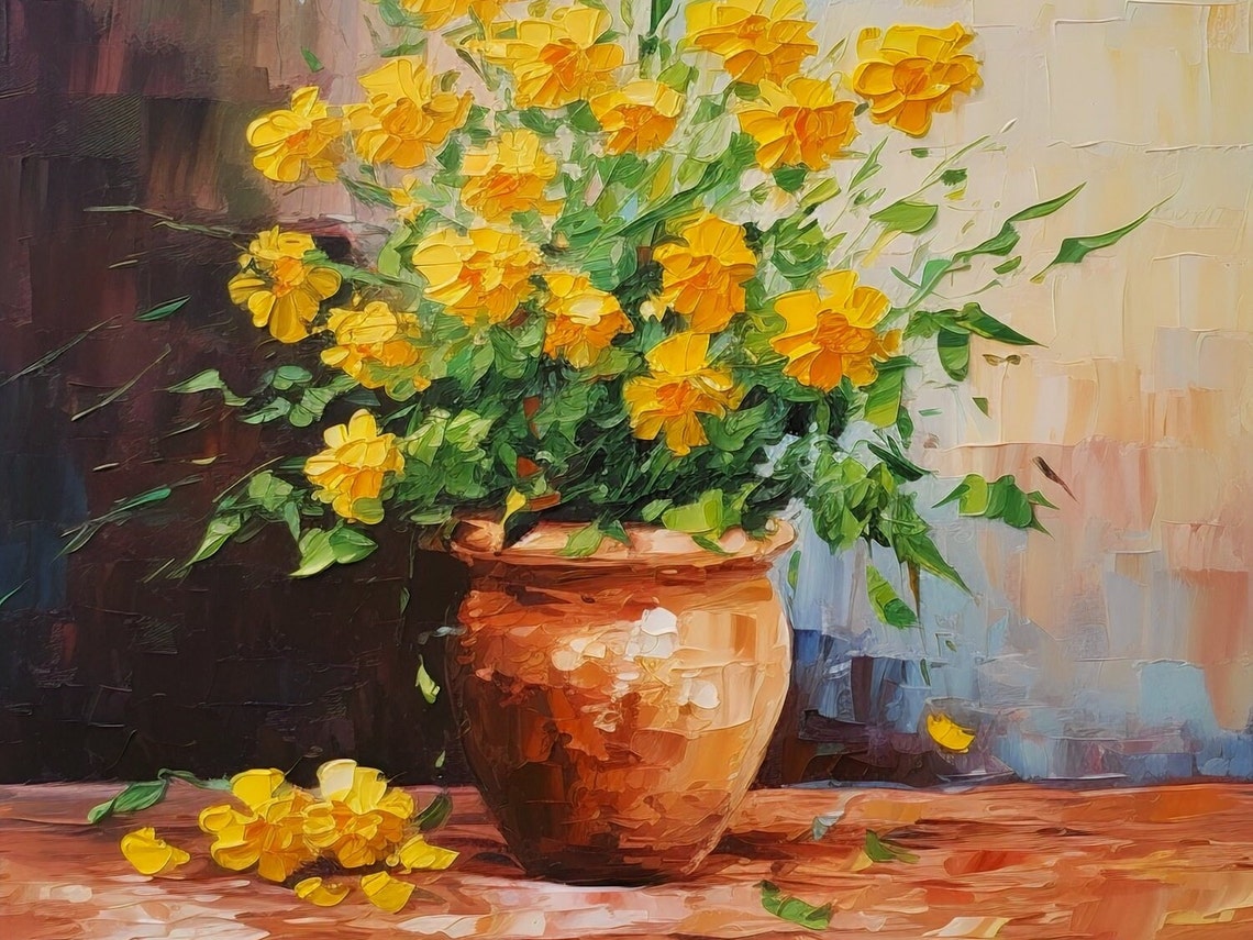 Yellow Flowers Clay Pot Brick Ledge Sunny Impressionist Poster - Image 3