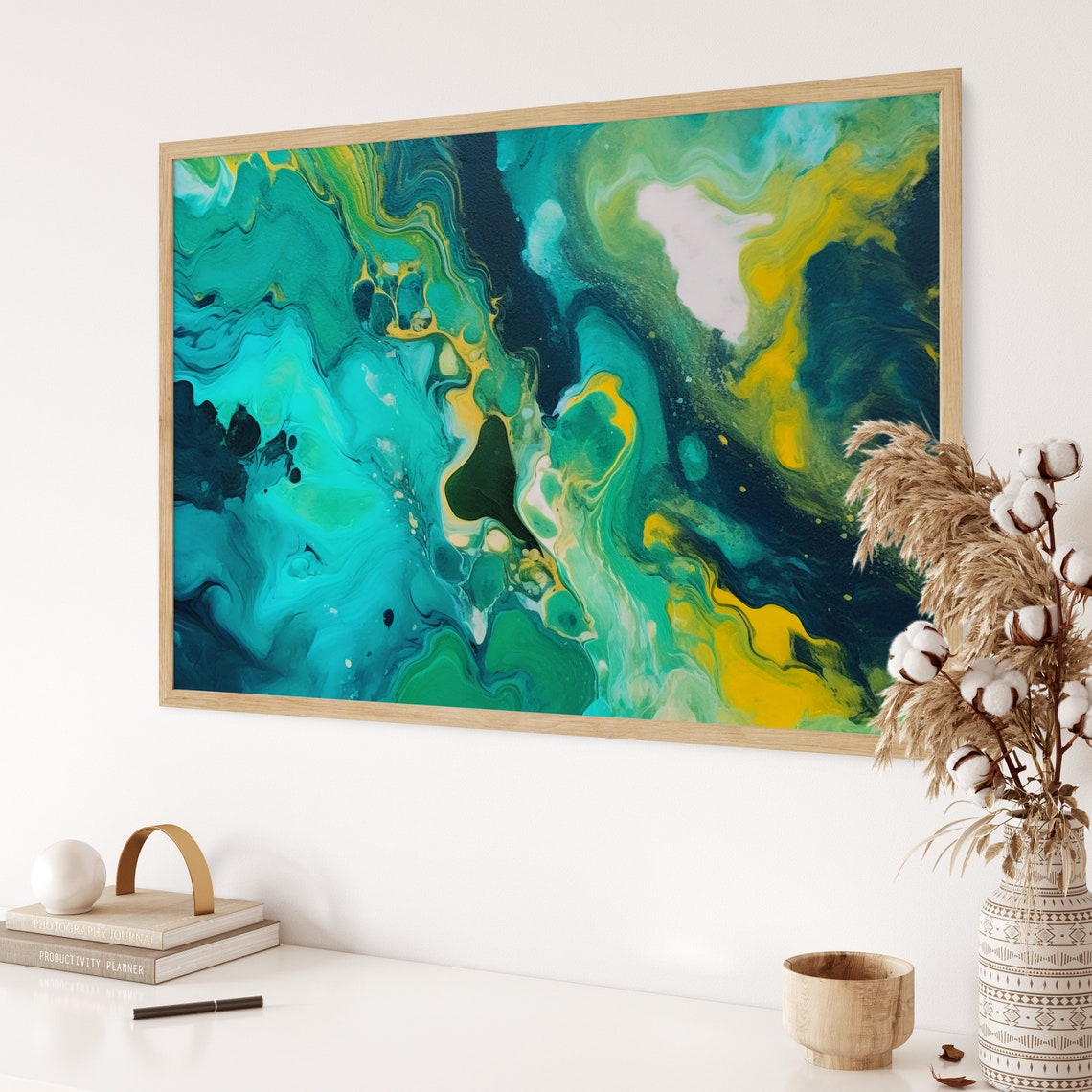 Fluid Acrylic Painting Teal Green Gold Marbled Abstract Poster - Image 3