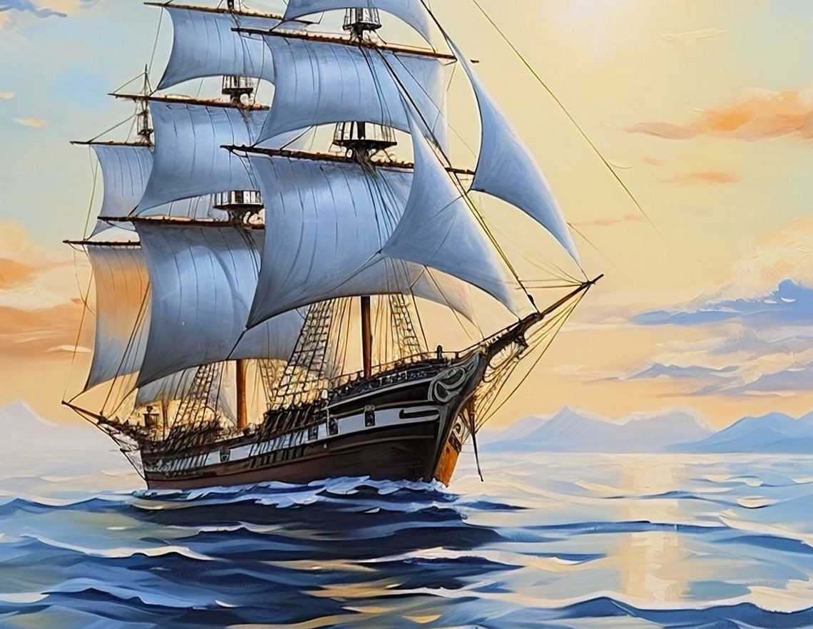 Majestic Tall Ship With Full Sails On Ocean Sunset Seascape Poster - Image 3