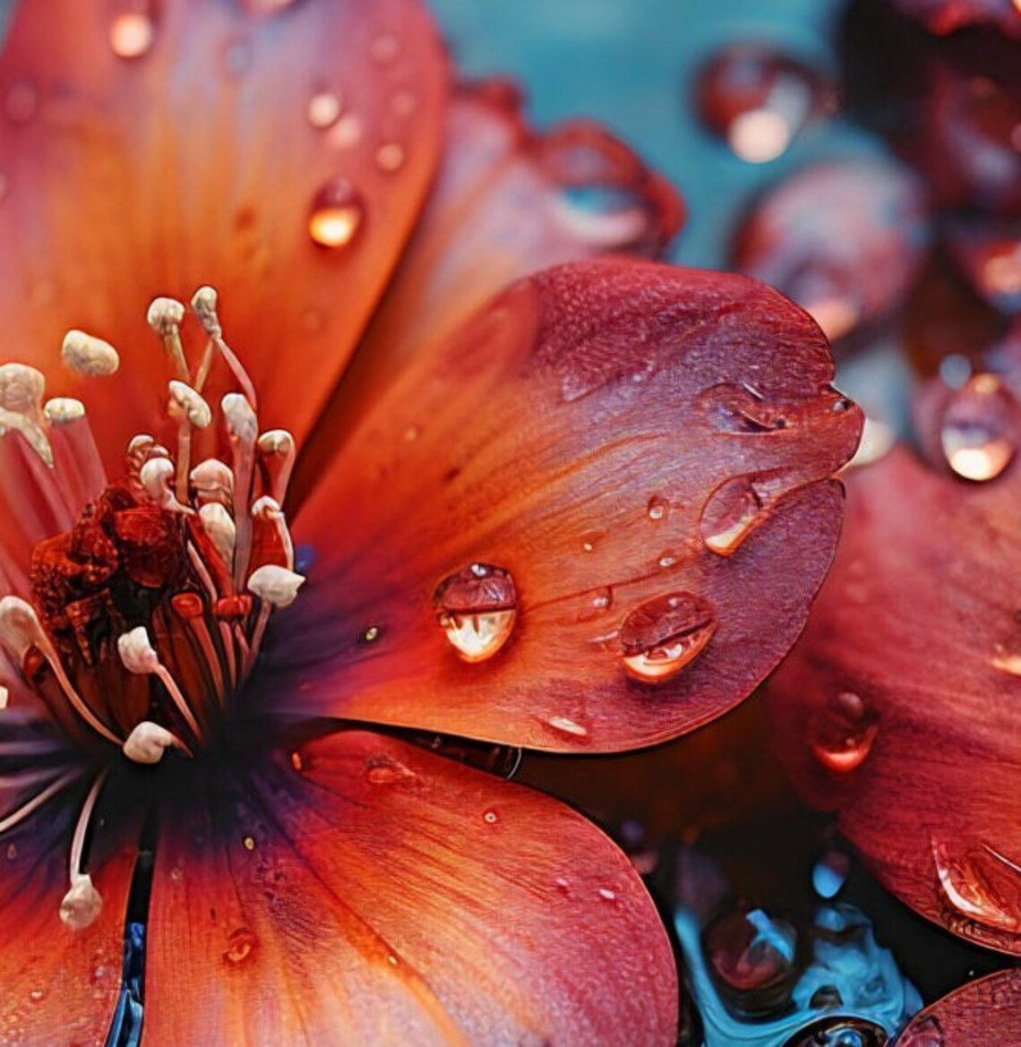 Red Cherry Blossoms Painting Water Droplets Macro Flowers Poster - Image 2