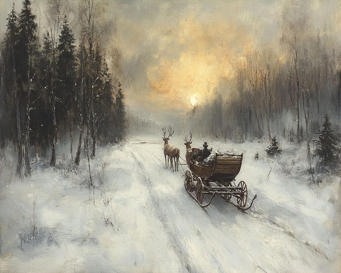 Winter Sleigh Ride Enchanted Forest Reindeer Sunset Art Poster - Image 2