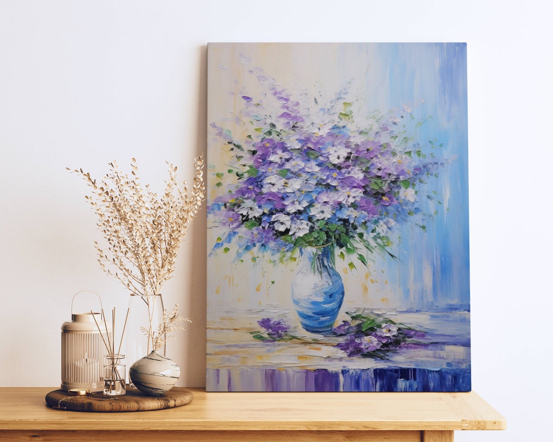 Violet Blossom Bouquet Blue Vase Impressionist Floral Poster