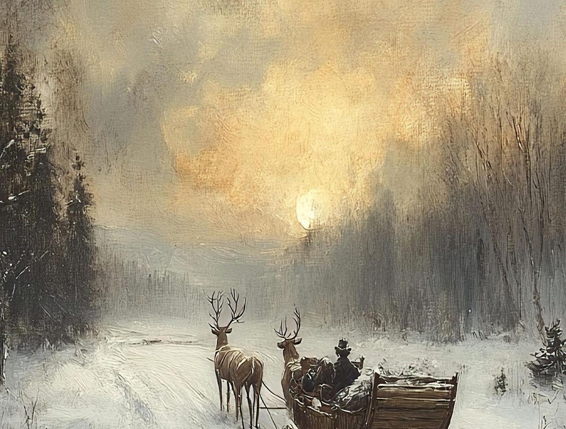 Winter Sleigh Ride Enchanted Forest Reindeer Sunset Art Poster - Image 3