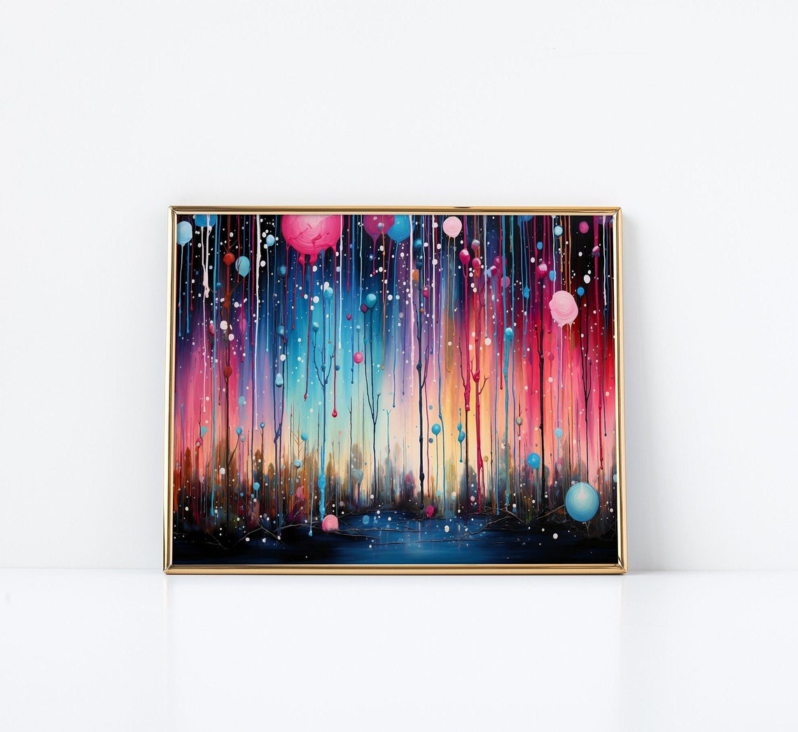 Abstract Drip Painting Colorful Blooms Pink Blue Dark Floral Poster - Image 3