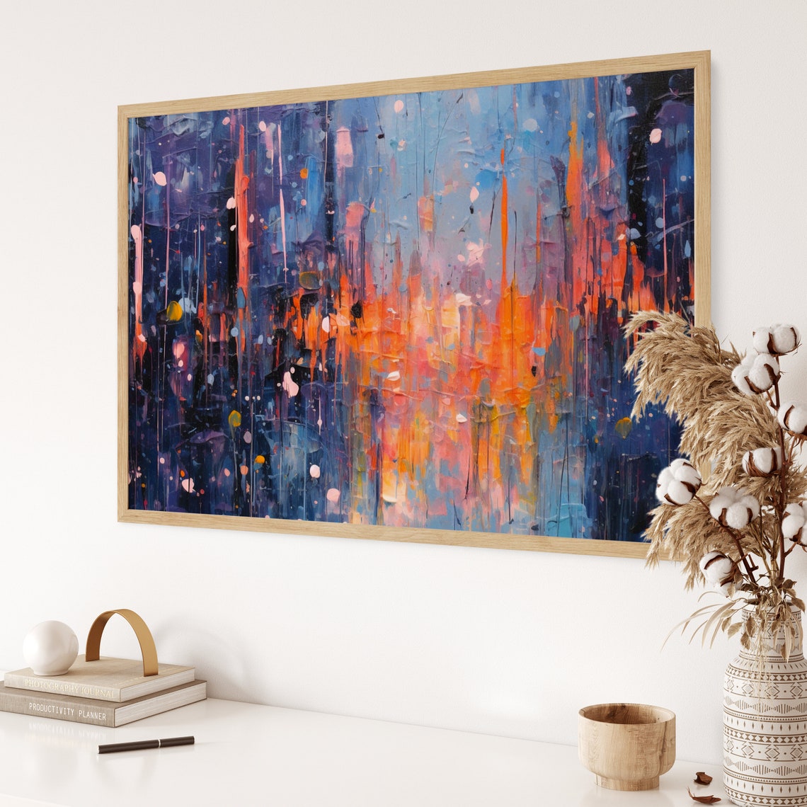 Abstract Palette Knife Painting Indigo Blue Coral Orange Dots Poster - Image 3