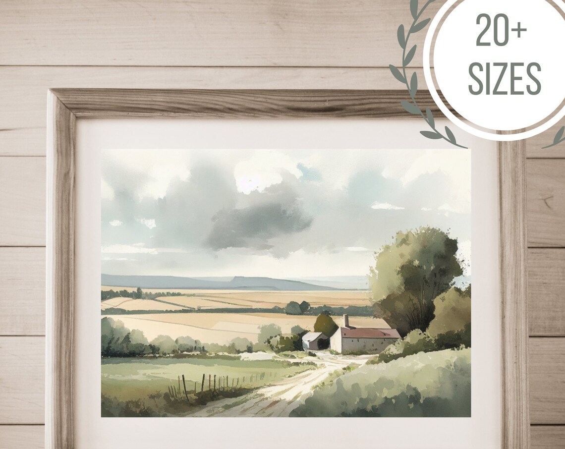 Country Farm Dirt Road Watercolor Barns Fields Landscape Poster - Image 4