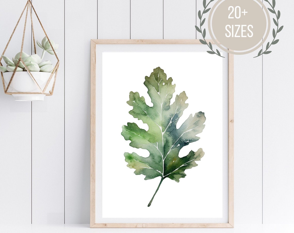 Green Oak Leaf Watercolor Minimalist Botanical Leaf Art Poster