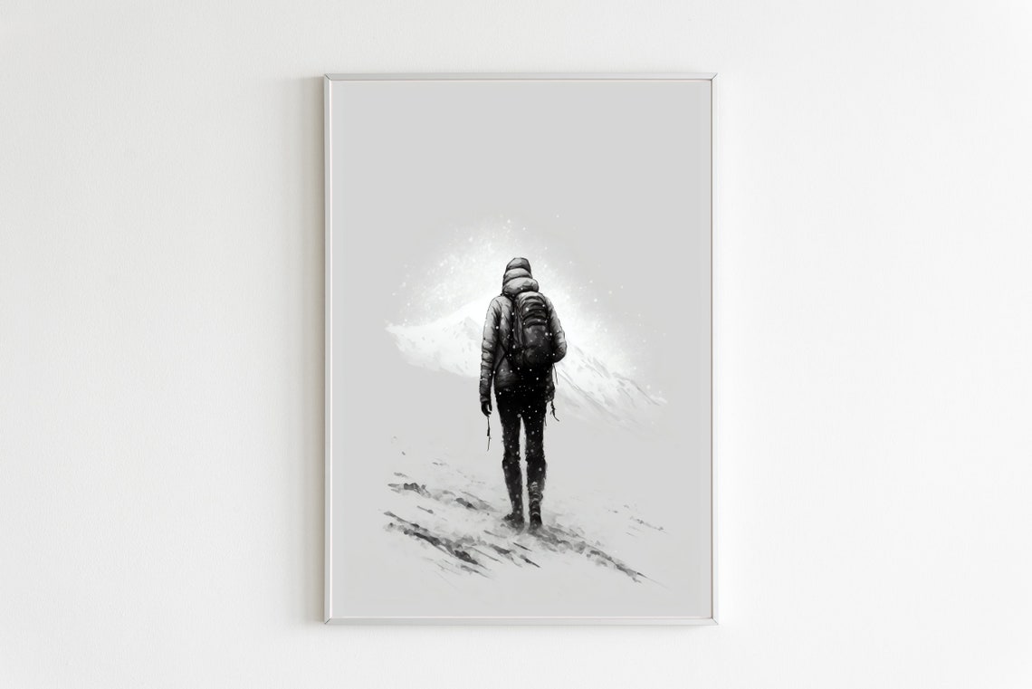 Minimalist Hiker Walking Snow Black White Peak Starry Poster
