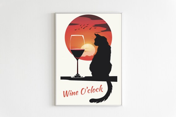 Wine O'clock Black Cat Wine Glass Silhouette Sunset Funny Poster