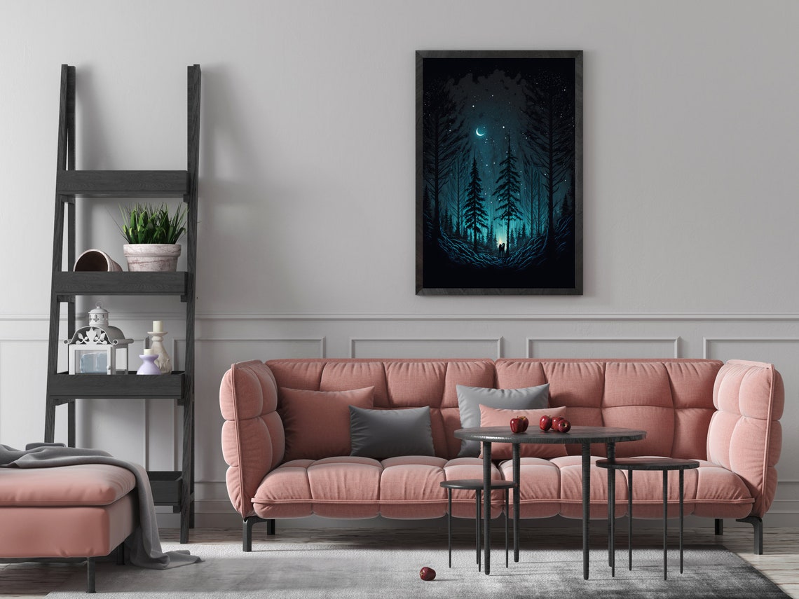 Moonlit Foggy Forest Path With Lantern Walker Night Sky Poster - Image 2