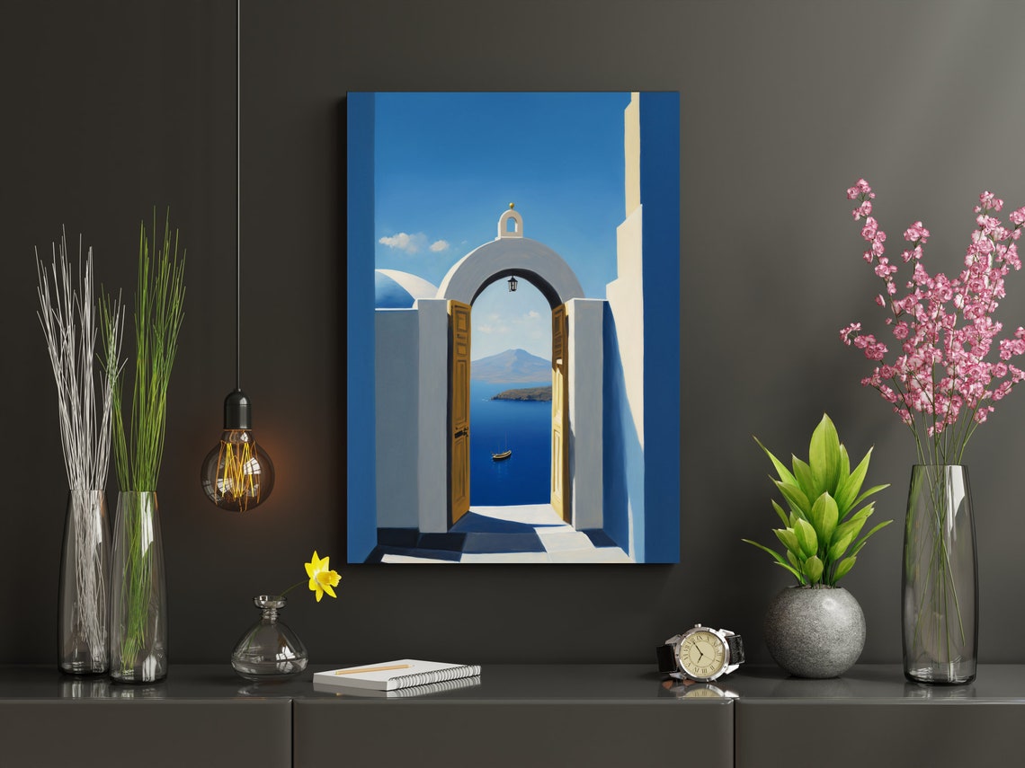 Santorini Blue Archway With Open Doors Over the Aegean Sea Poster - Image 2