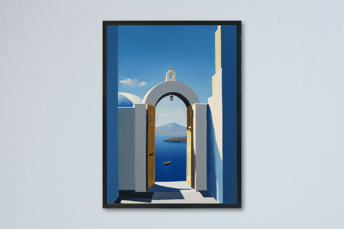 Santorini Blue Archway With Open Doors Over the Aegean Sea Poster