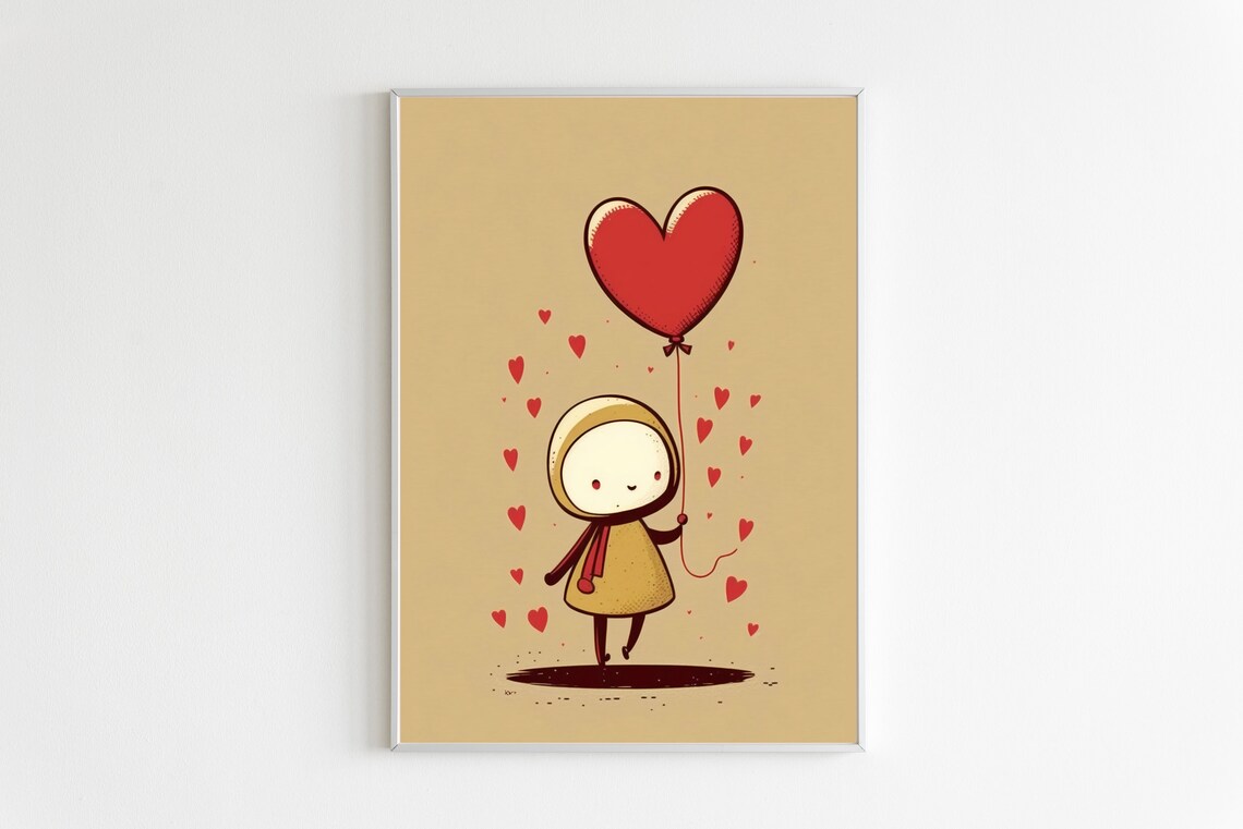 Heart Balloon Cute Girl Valentine Red Kawaii Love Card Poster